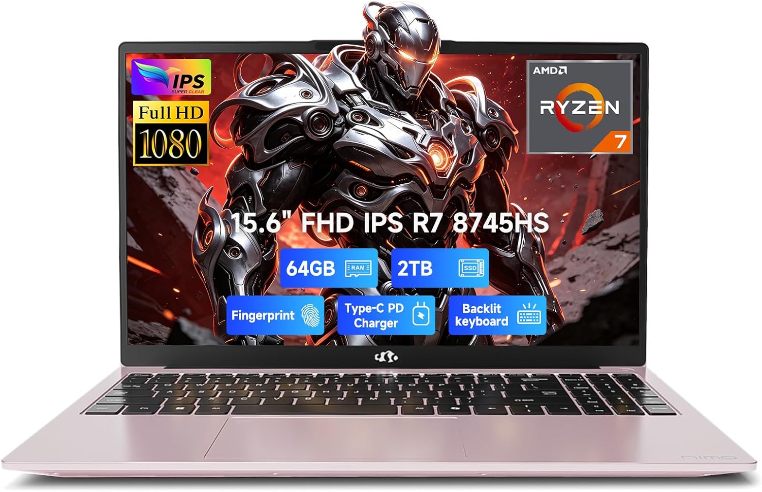 NIMO 15.6" AI-Productivity Light Gaming-Laptop, AMD Ryzen 7 8745HS Radeon 780M (Beat R9 7940HS), 64GB DDR5 2TB SSD, USB4 100W USB-C PD for Creative Projects, College Creators & AI Work, 2Yr-Warranty
