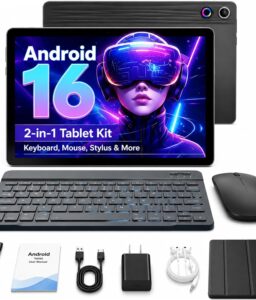 Jeazans Android 16 Tablet 10.1 Inch, 2-in-1 Tablet Bundle with Keyboard, Wireless Mouse, Stylus, Leather Case, Dual Camera, 64GB Storage+1TB Expansion, Portable Laptop for Students & Business