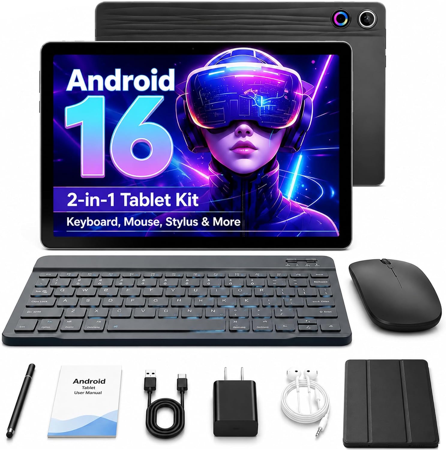 Jeazans Android 16 Tablet 10.1 Inch, 2-in-1 Tablet Bundle with Keyboard, Wireless Mouse, Stylus, Leather Case, Dual Camera, 64GB Storage+1TB Expansion, Portable Laptop for Students & Business