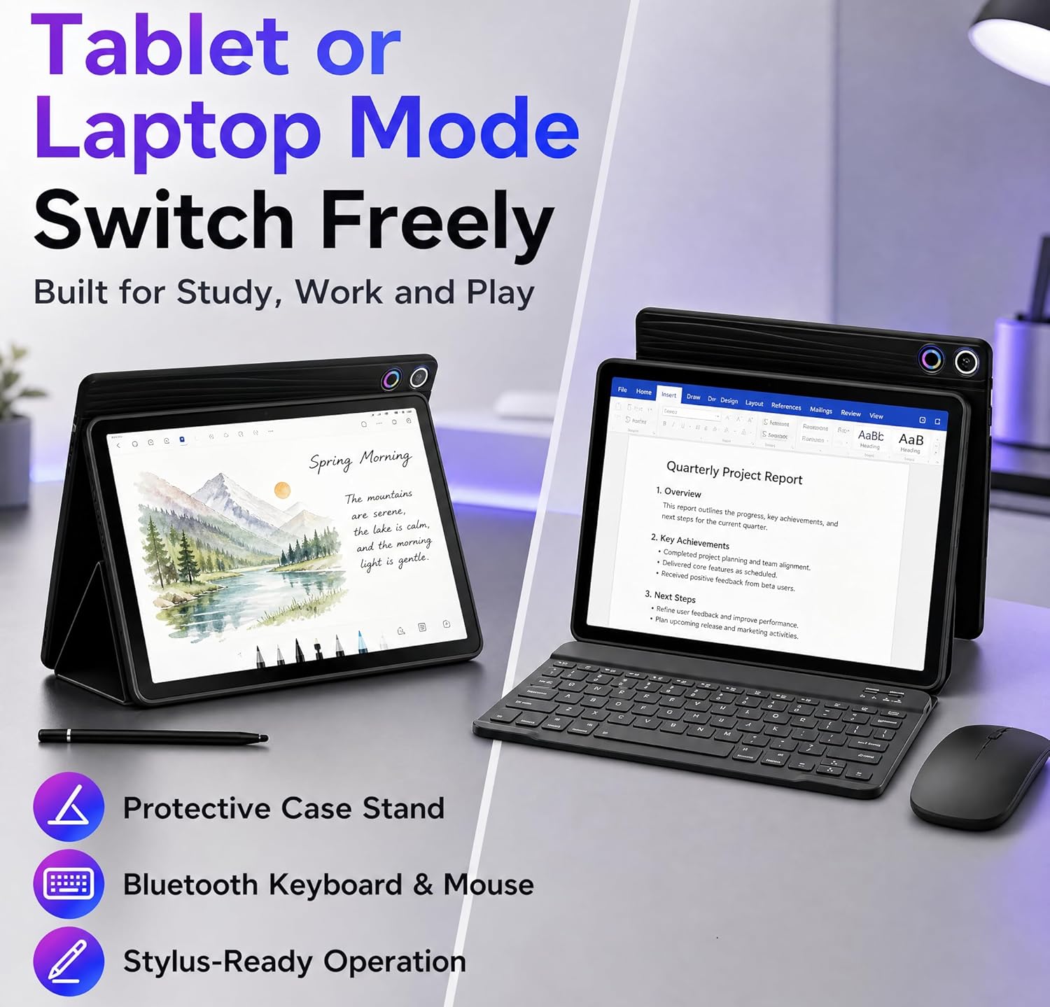 Jeazans Android 16 Tablet 10.1 Inch, 2-in-1 Tablet Bundle with Keyboard, Wireless Mouse, Stylus, Leather Case, Dual Camera, 64GB Storage+1TB Expansion, Portable Laptop for Students & Business - Image 3