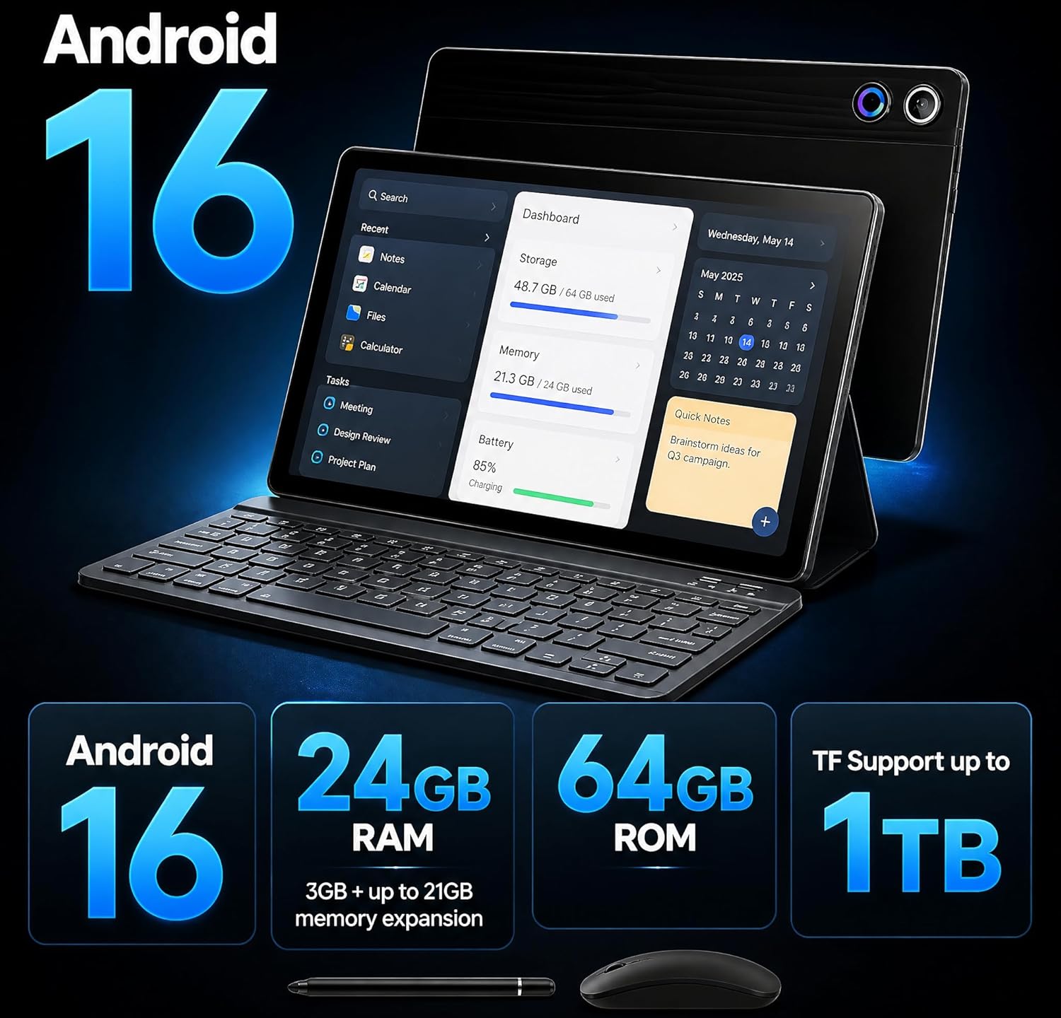 Jeazans Android 16 Tablet 10.1 Inch, 2-in-1 Tablet Bundle with Keyboard, Wireless Mouse, Stylus, Leather Case, Dual Camera, 64GB Storage+1TB Expansion, Portable Laptop for Students & Business - Image 4