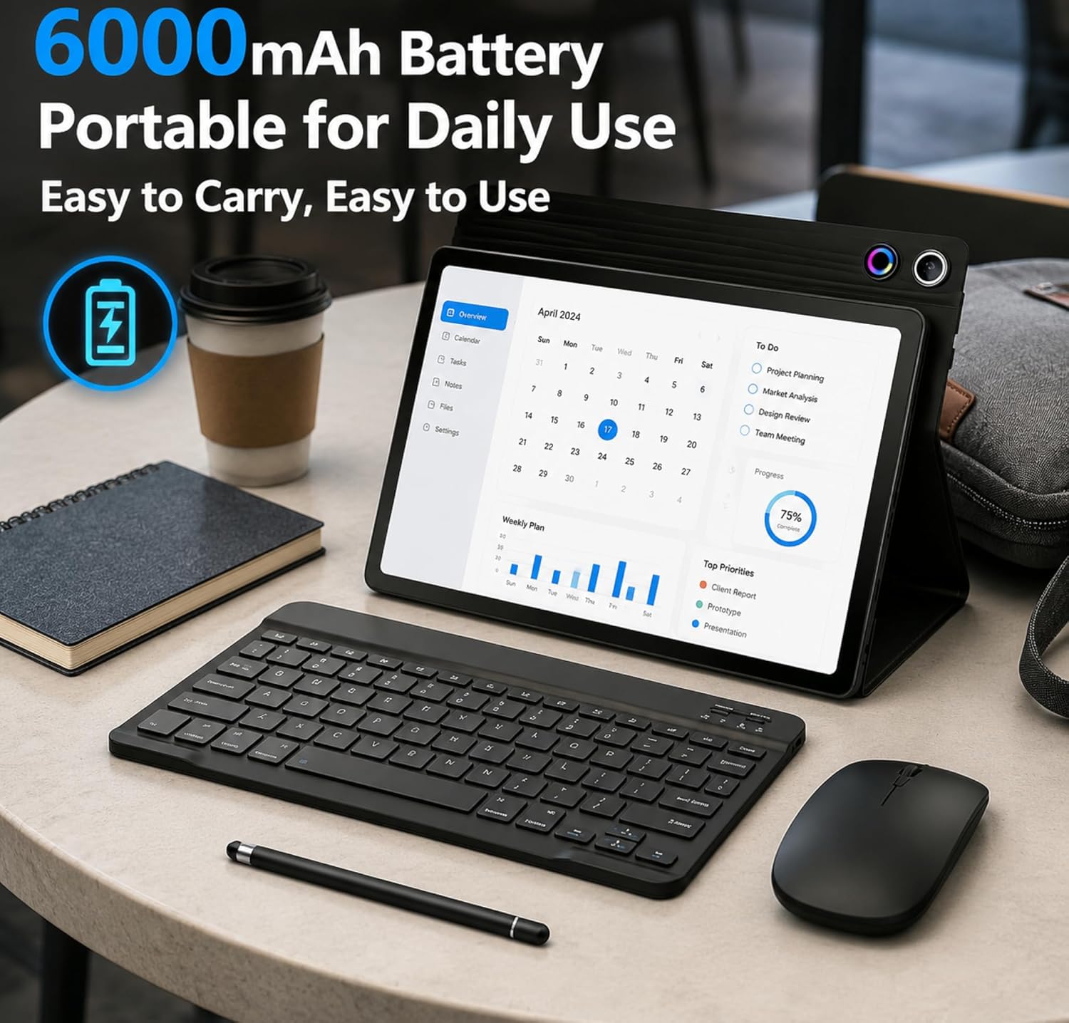Jeazans Android 16 Tablet 10.1 Inch, 2-in-1 Tablet Bundle with Keyboard, Wireless Mouse, Stylus, Leather Case, Dual Camera, 64GB Storage+1TB Expansion, Portable Laptop for Students & Business - Image 6