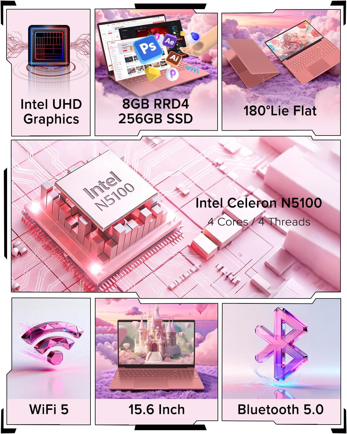 2026 Latest Laptop Computer Notebook,15.6" IPS FHD Display,8GB RAM 256GB SSD,Celeron N5100 Processor,WiFi5,BT5.0,USB3.0,Backlit keyboard,Fingerprint for Business Home Office and Students,Rose Gold - Image 2