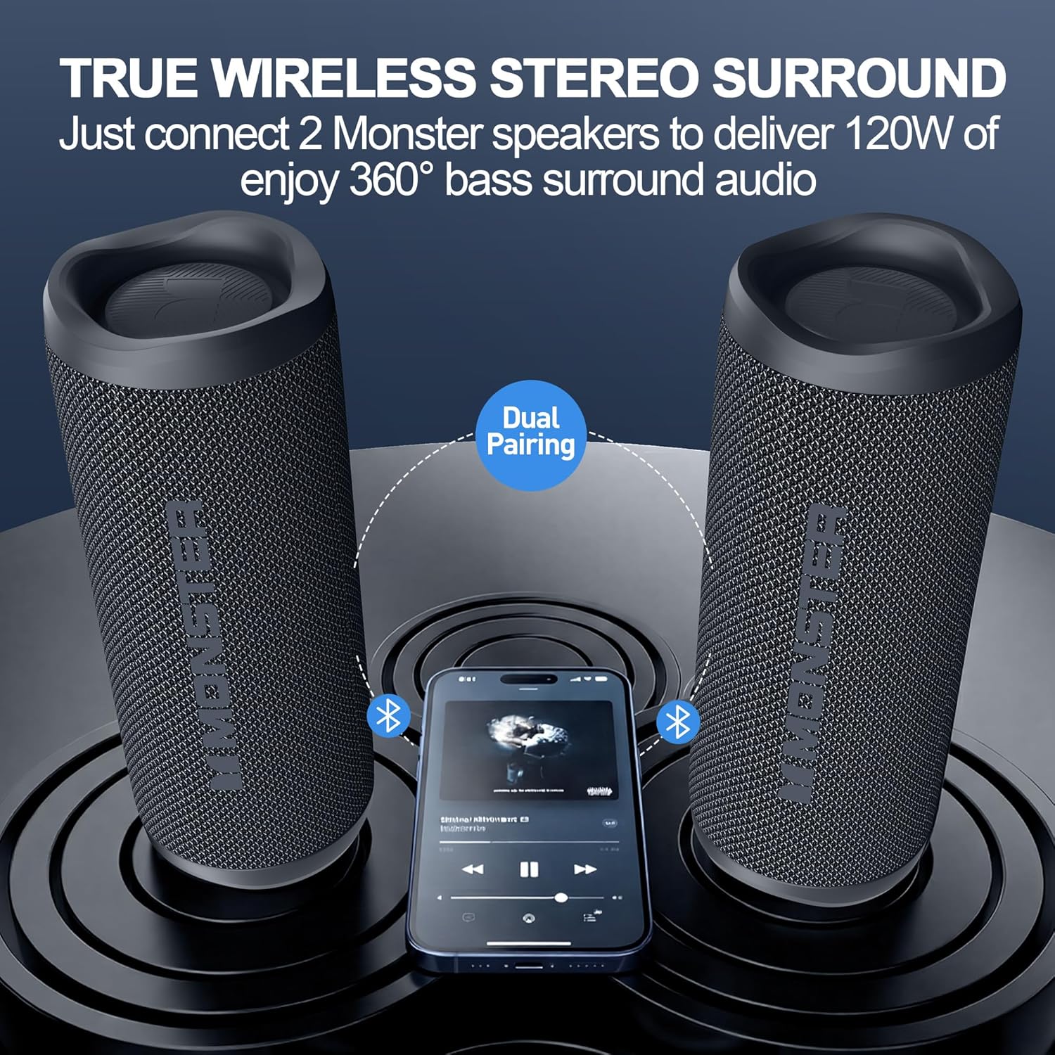 Monster S620 Bluetooth Speaker, Wireless Portable Outdoor Bluetooth Speakers, 60W True Wireless Stereo IPX8 Waterproof, Dual PairingBluetooth 5.4 Built-in Mic, Perfect for Home, Black - Image 2