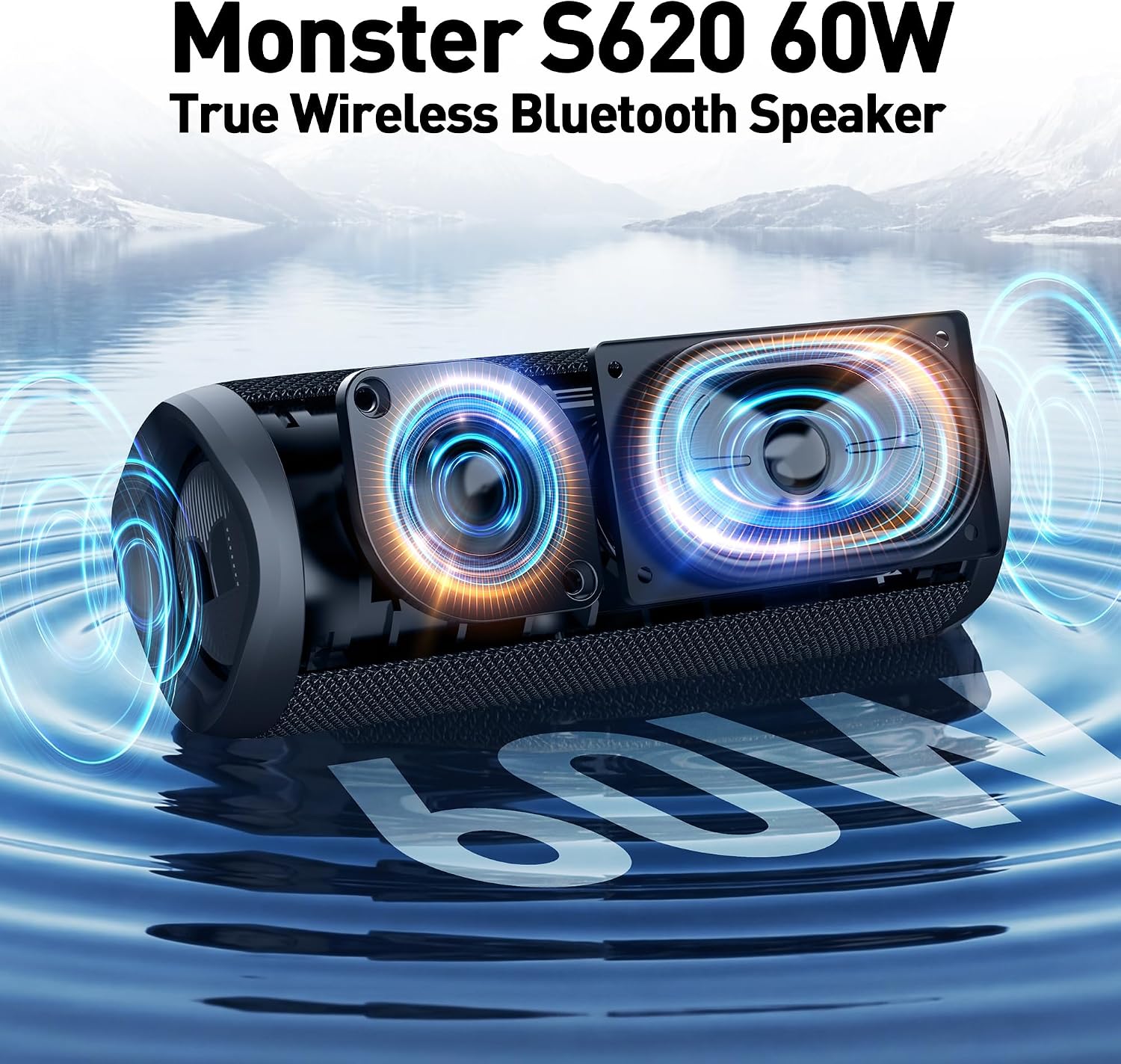 Monster S620 Bluetooth Speaker, Wireless Portable Outdoor Bluetooth Speakers, 60W True Wireless Stereo IPX8 Waterproof, Dual PairingBluetooth 5.4 Built-in Mic, Perfect for Home, Black - Image 3