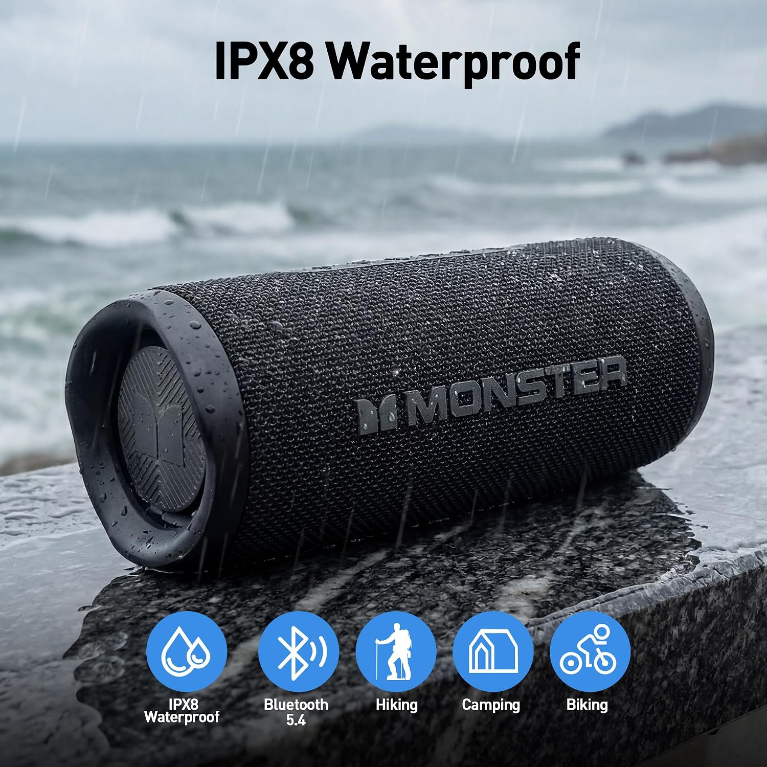Monster S620 Bluetooth Speaker, Wireless Portable Outdoor Bluetooth Speakers, 60W True Wireless Stereo IPX8 Waterproof, Dual PairingBluetooth 5.4 Built-in Mic, Perfect for Home, Black - Image 4